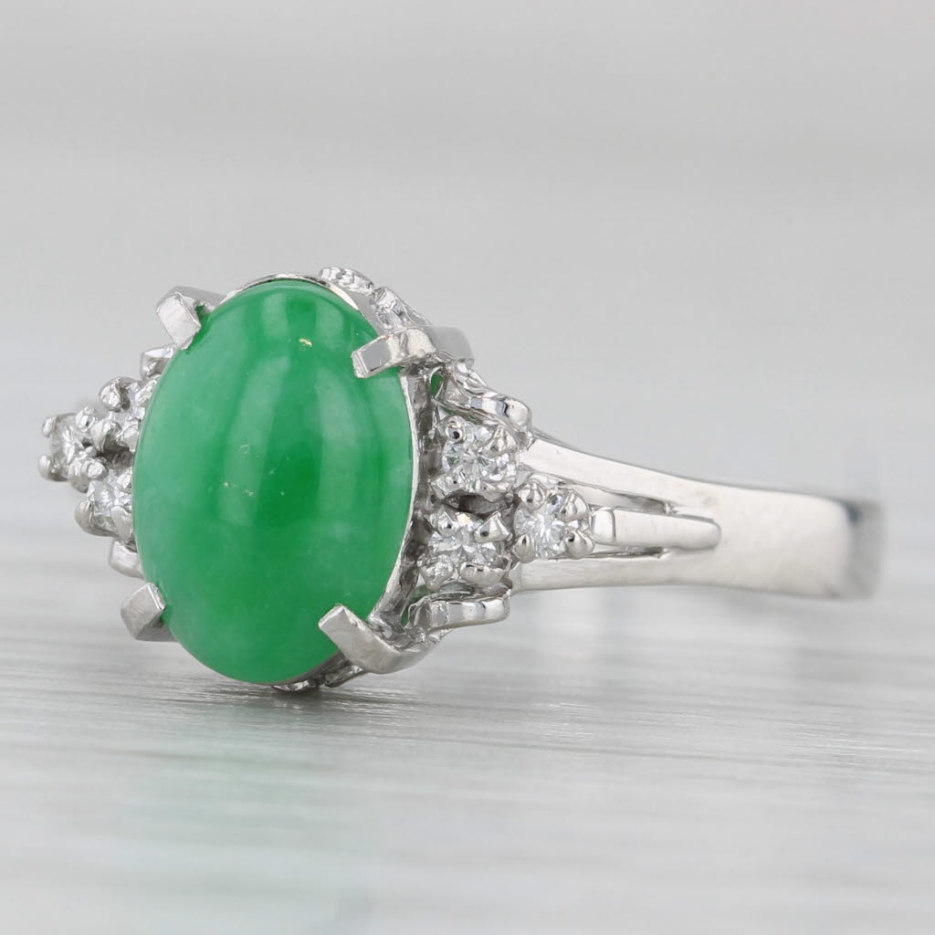 Light Gray Green Oval Cabochon Jadeite Jade Diamond Ring 900 Platinum Size 7.5