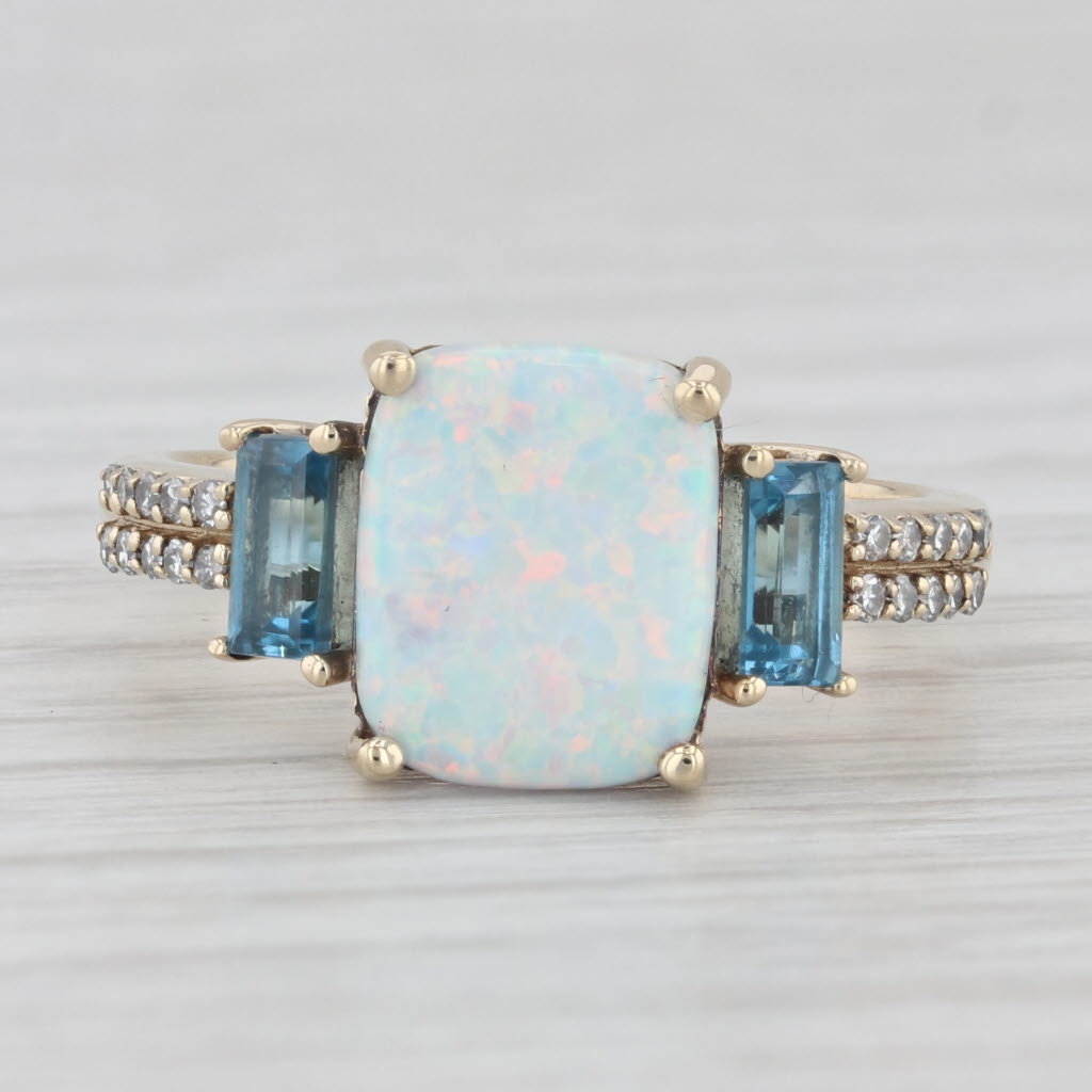 Light Gray Lab Created Opal Blue Topaz Diamond Ring 10k Yellow Gold Size 7