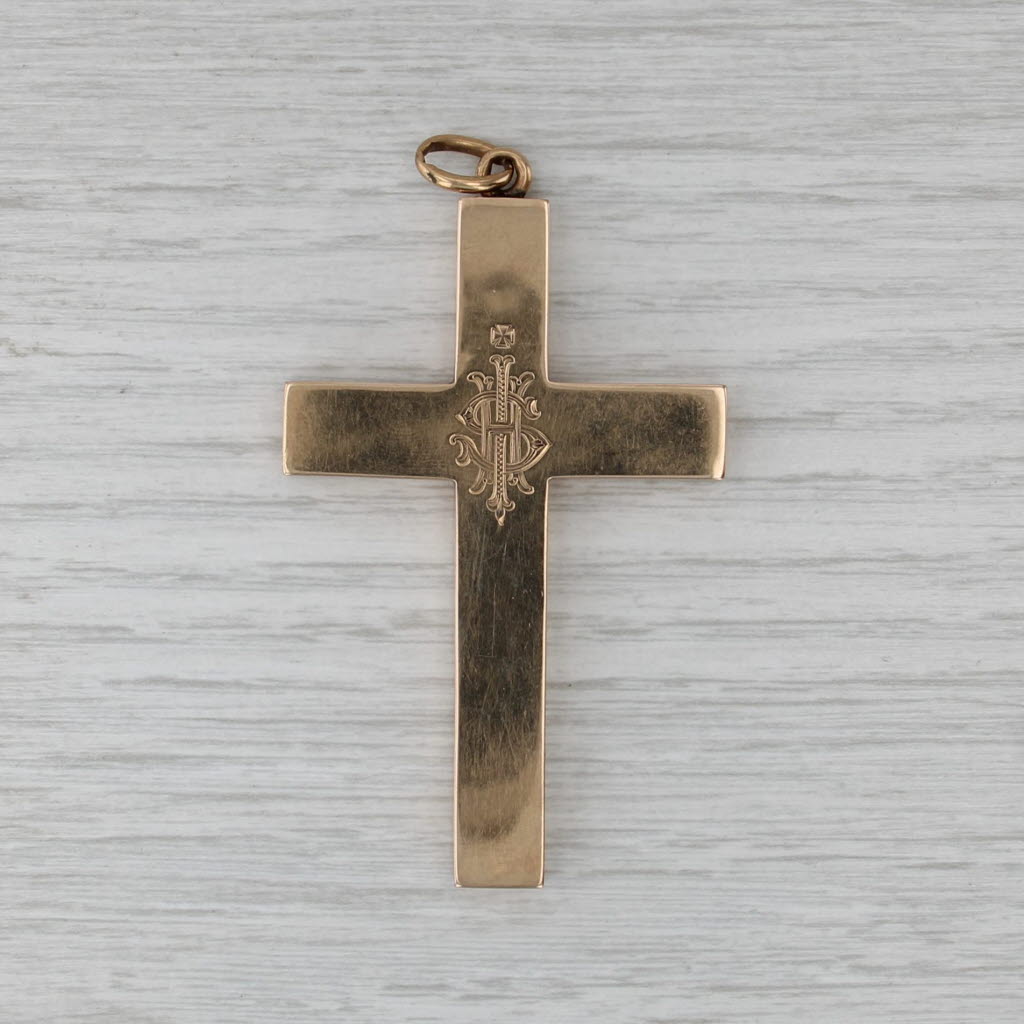 Antique IHS Large Cross Pendant 12k Yellow Gold Engraved 1902