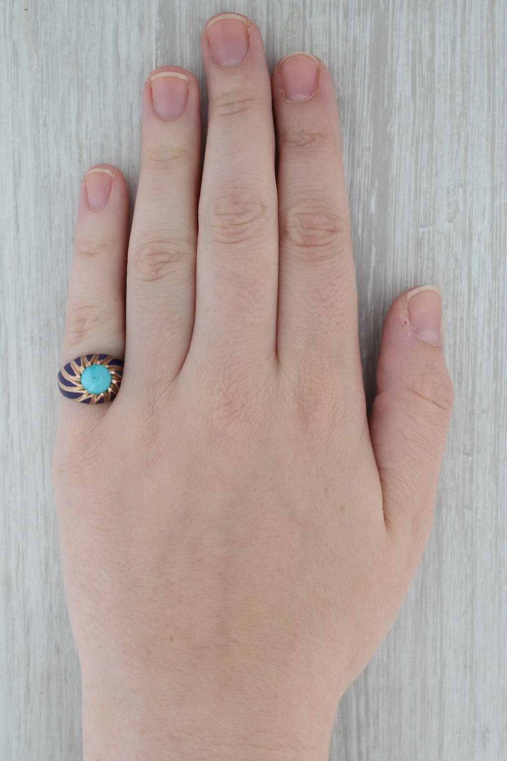 Dark Gray Vintage Turquoise Enamel Ring 14k Rose Gold Size 6.5