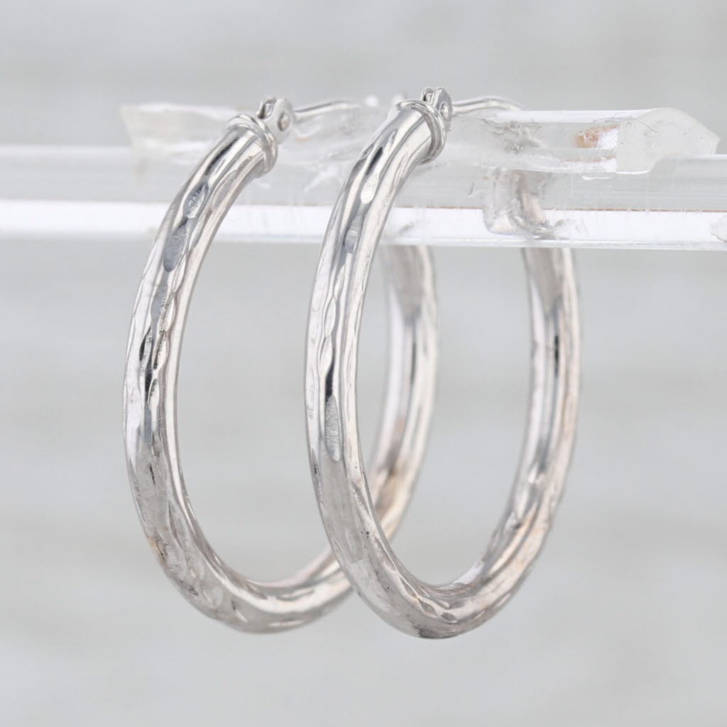 Small Etched Hoop Earrings 10k White Gold Snap Top Round Hoops 22.6 x 2.3 mm