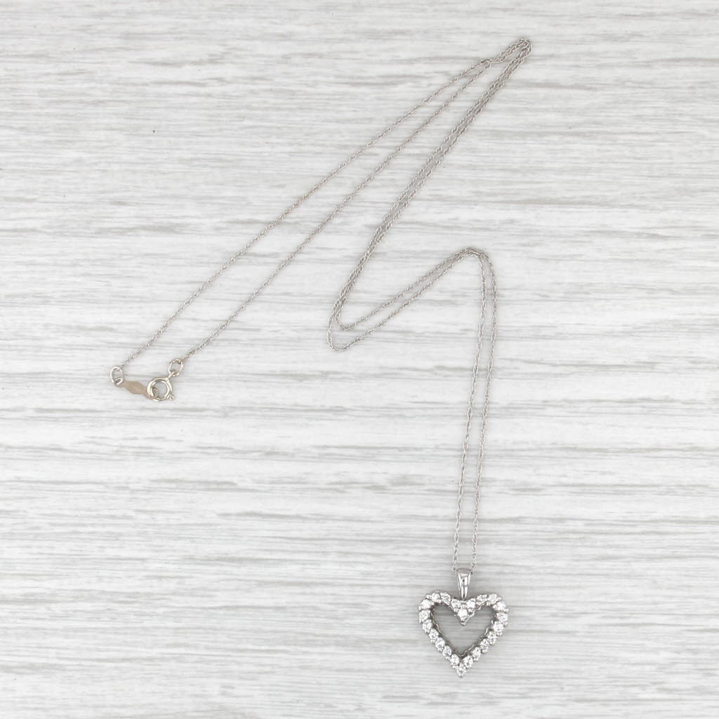 0.37ctw Diamond Open Heart Pendant Necklace 14k White Gold 18" Rope Chain