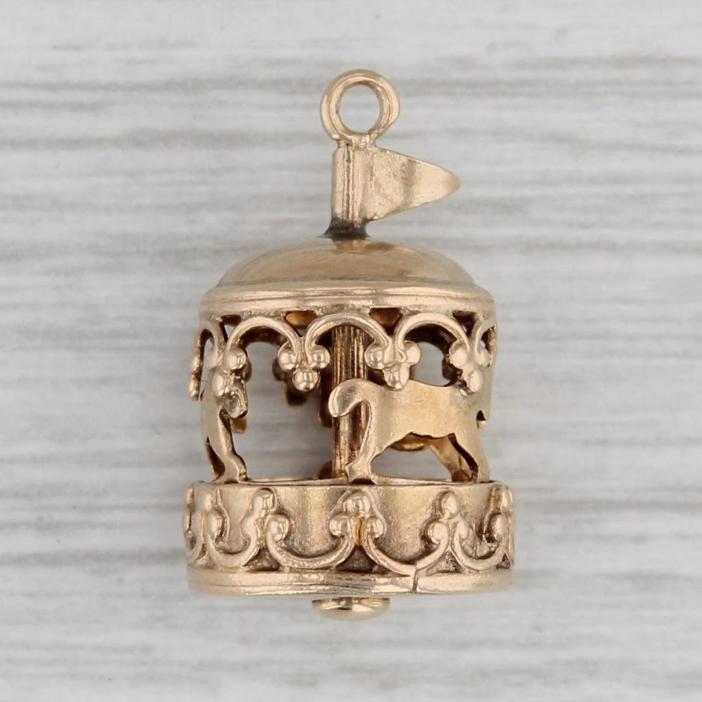 Gray Carousel Charm 14k Yellow Gold 3D Spins Vintage Pendant