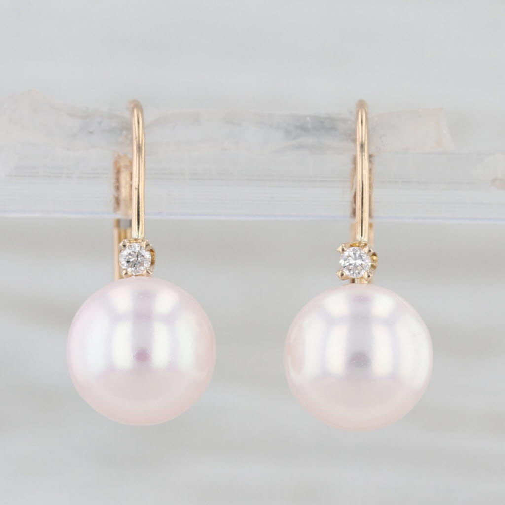 Freshwater Cultured Button Pearl Diamond Drop Earrings 14k Gold Lever Backs
