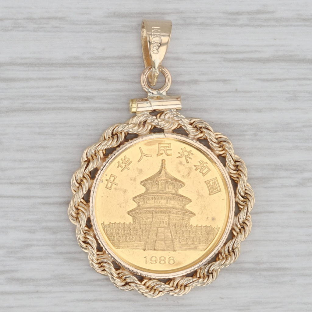 Gray 1986 Chinese Panda Coin Pendant 10 Yuan 14k Bezel 999 Gold Medallion