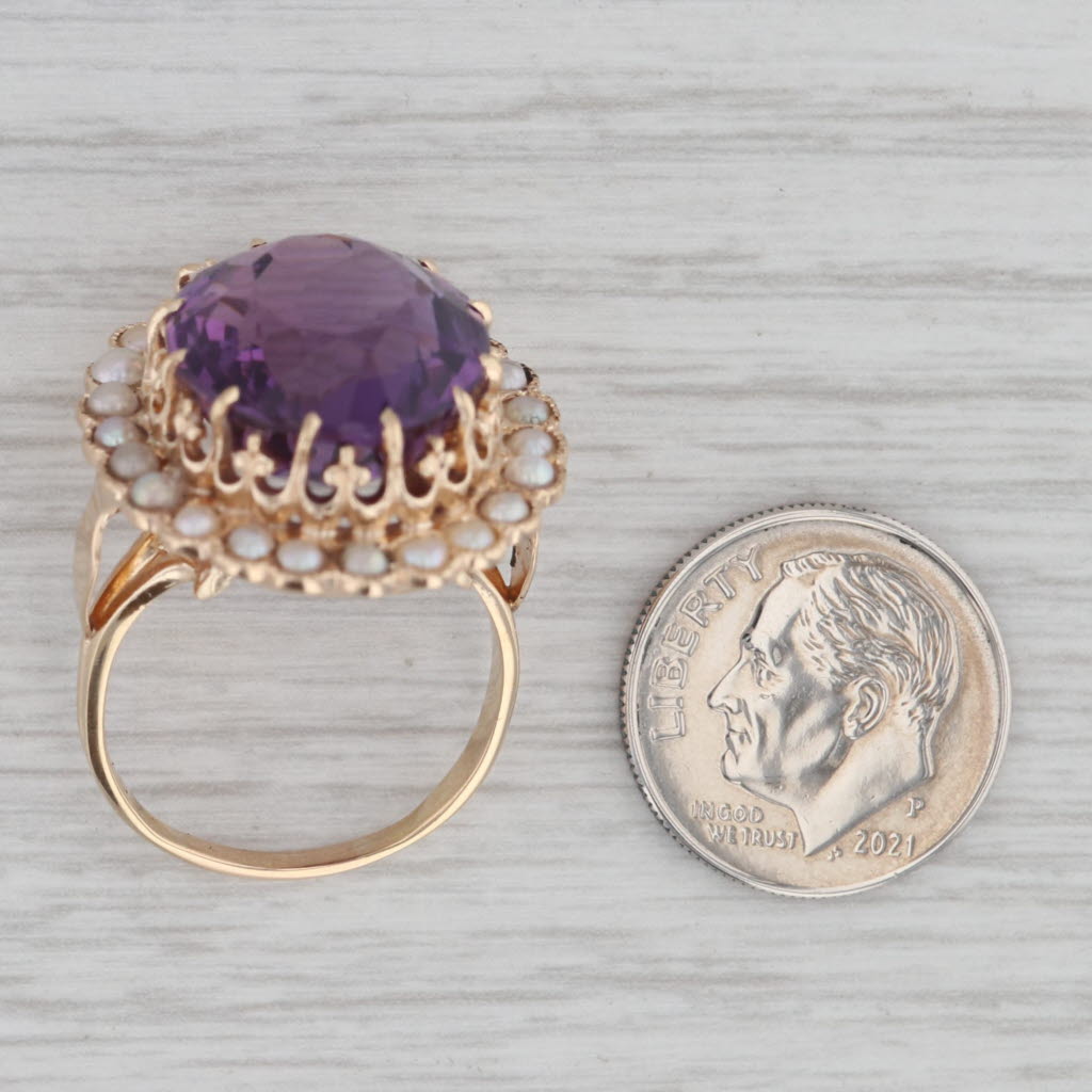 Gray Vintage Amethyst Pearl Halo Cocktail Ring 12k Yellow Gold Size 8.5