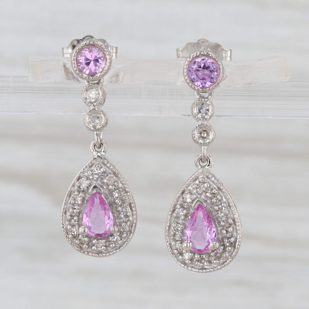 1.02ctw Pink Sapphire Diamond Teardrop Dangle Earrings 10k White Gold