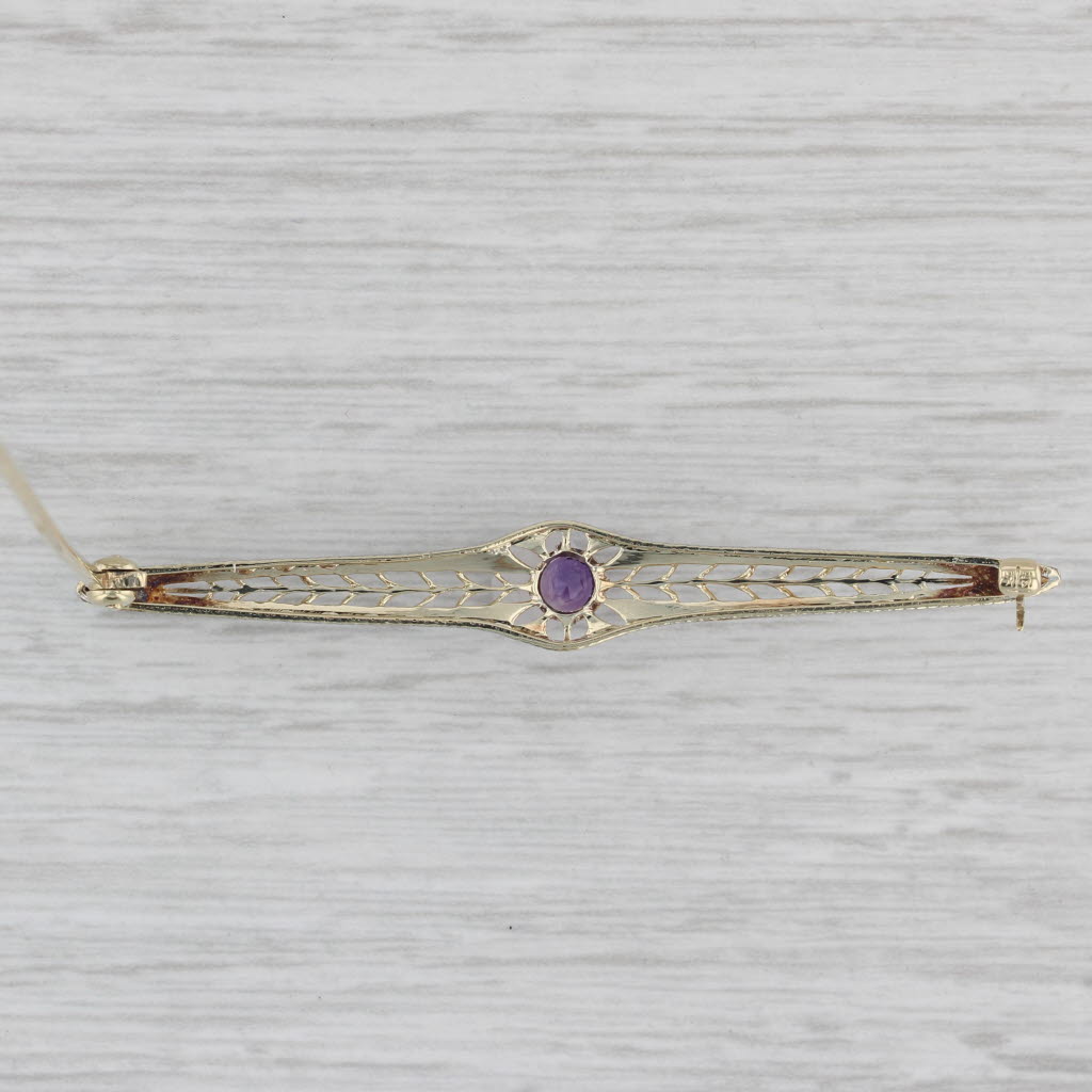 Gray 0.20ct Amethyst Solitaire Art Déco Vintage Bar Brooch 14k Gold Platinum Pin