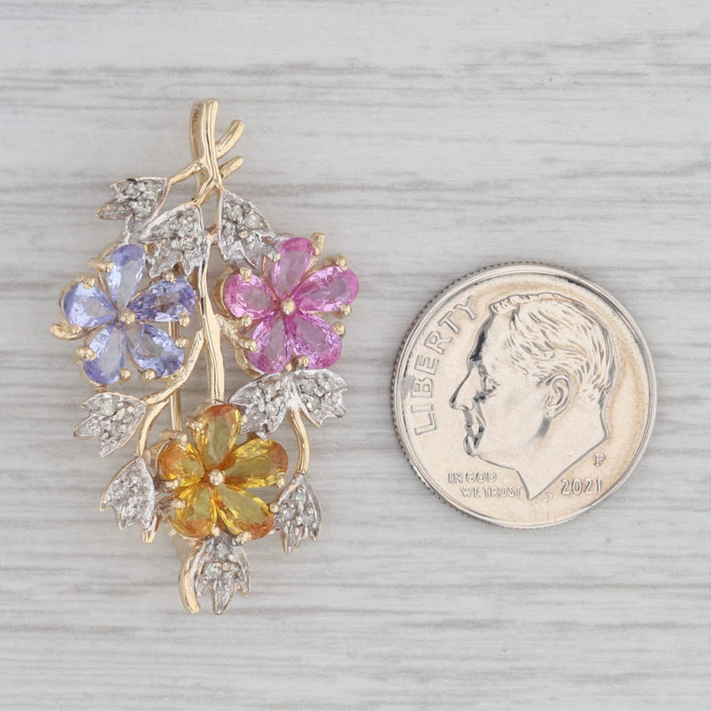 3.31ctw Sapphire Tanzanite Diamond Flower Brooch Pendant 10k Yellow Gold