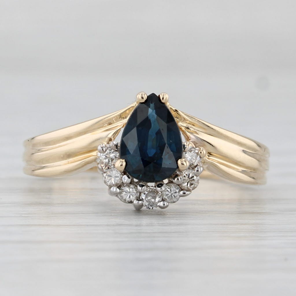 Light Gray 0.85ctw Pear Blue Sapphire Diamond Contoured V Ring 14k Yellow Gold Size 7.5