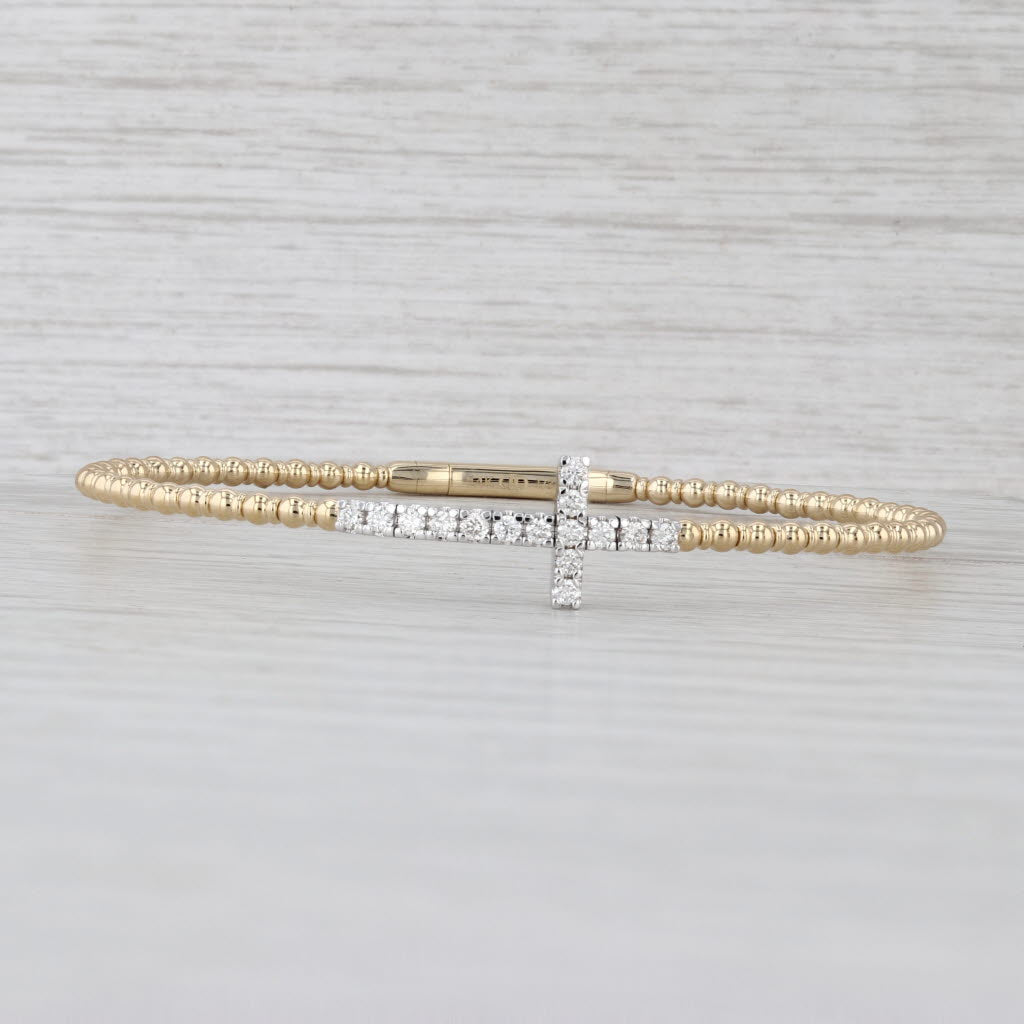 New 0.31ctw Diamond Cross Bead Flexible Bangle Bracelet 14k Gold 6.5"