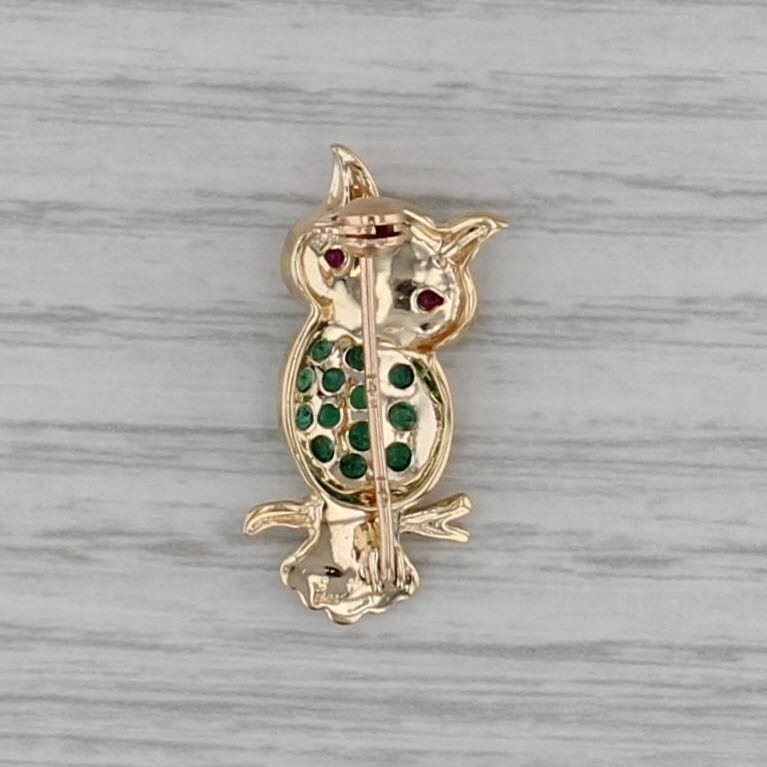 0.30ctw Emerald Ruby Small Owl Pin 14k Yellow Gold