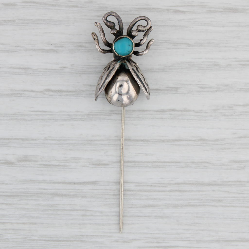 Light Gray Vintage Native American Bug Stickpin Turquoise Sterling Silver