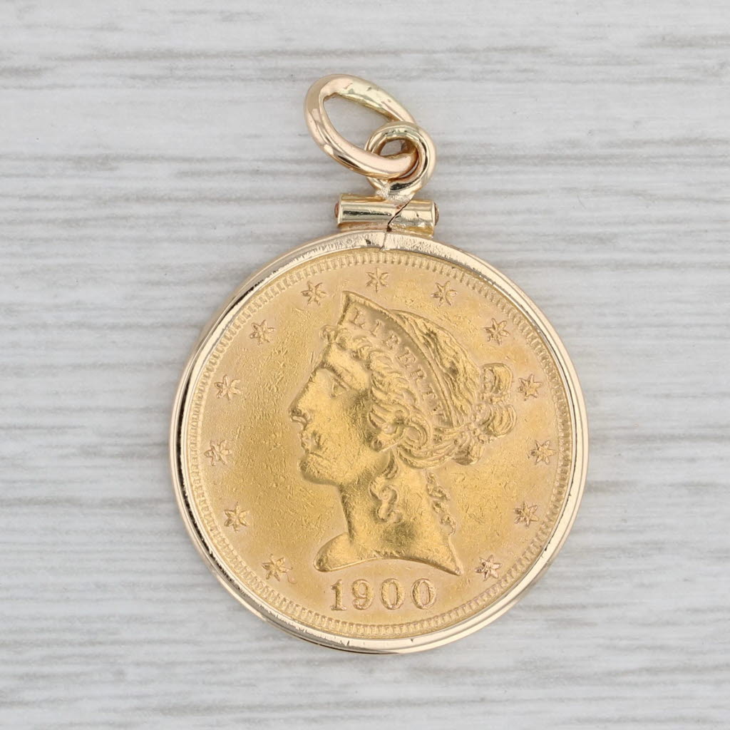 Gray Authentic 1900 Liberty Coin Pendant 900 Coin 14k Bezel 5 Dollar Medallion Charm