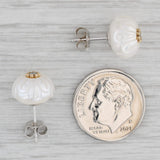 New Cultured Pearl Carved Daisy Flower Diamond Stud Earrings 14k Gold Galatea