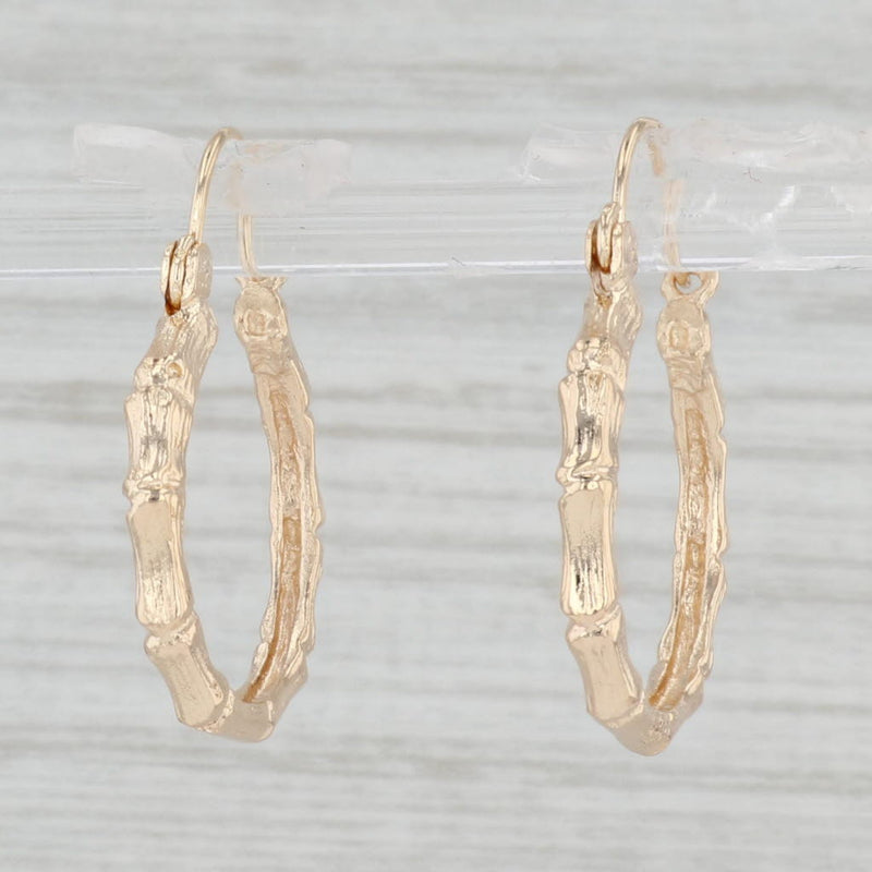 Light Gray Bamboo Hoop Earrings 14k Yellow Gold Snap Top Round Hoops