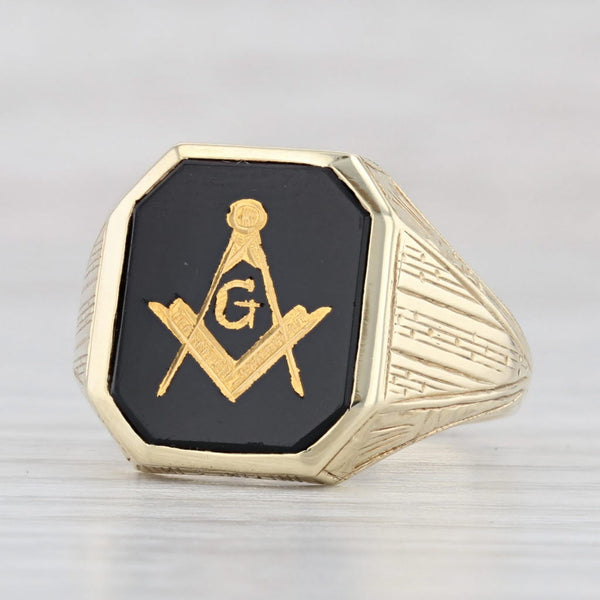 Light Gray Vintage Onyx Masonic Ring 10k Yellow Gold Size 9.5 Blue Lodge Square Compass
