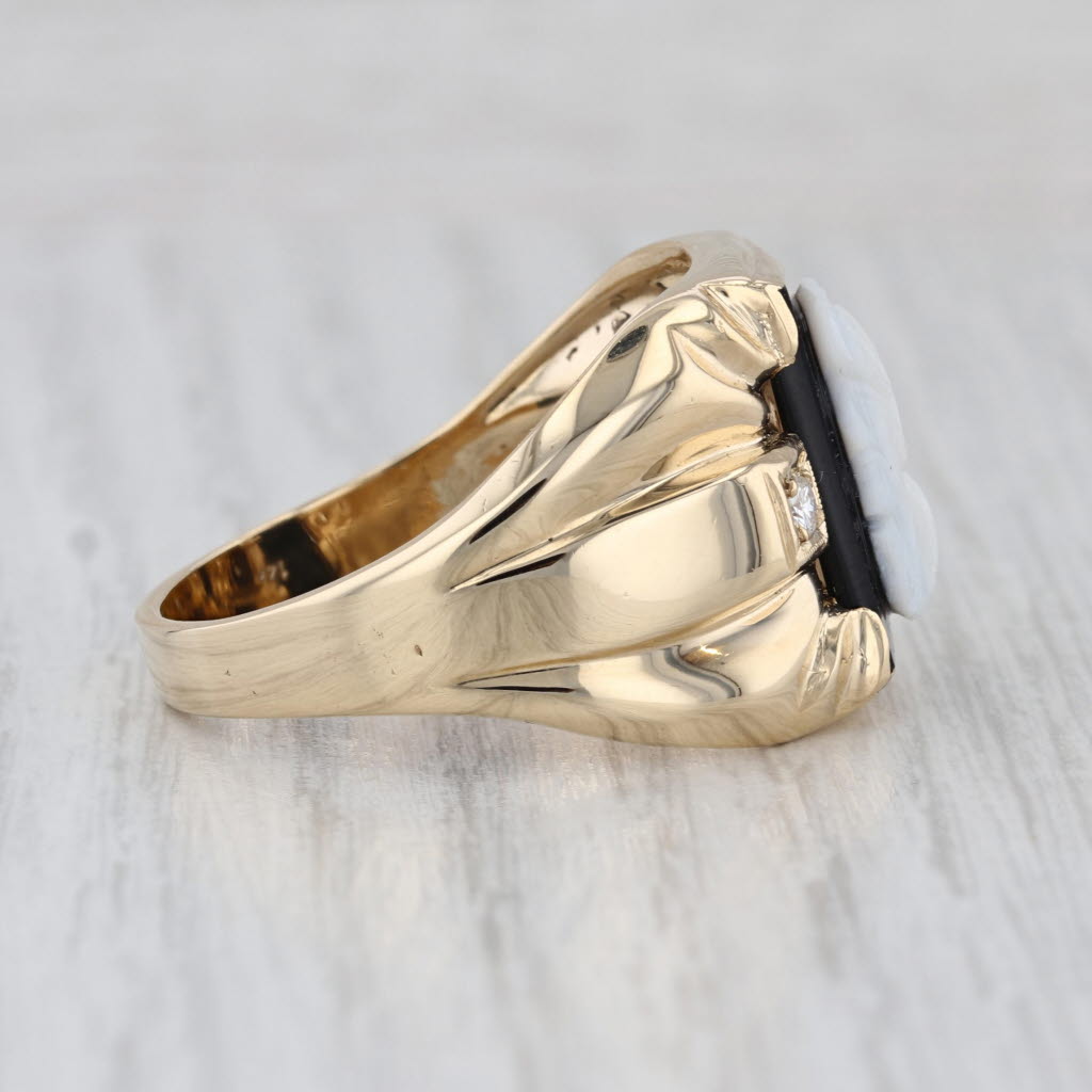 Vintage Chalcedony Cameo Diamond Signet Ring 14k Yellow Gold Size 15.25