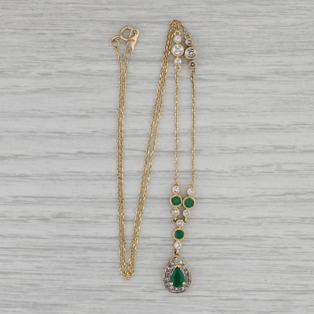 0.90ctw Emerald Diamond Lariat Necklace 14k Yellow Gold 16.5" Cable Chain