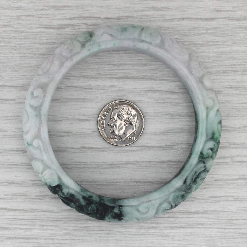 Marbled Green Floral Carved Jadeite Jade Bangle Bracelet 7” 14.2mm Stackable