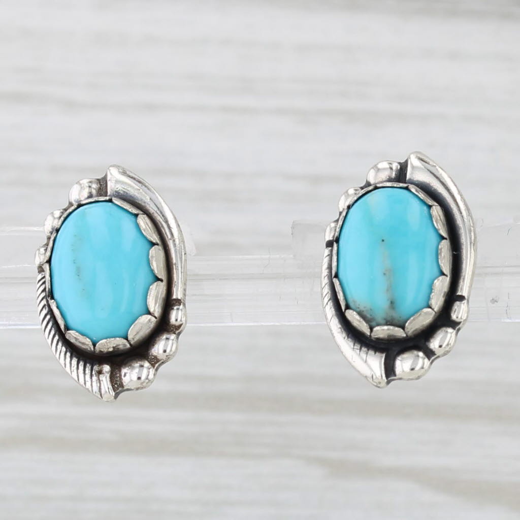 Light Gray Turquoise Oval Cabochon Stud Earrings Sterling Silver Southwestern