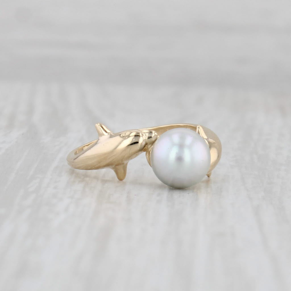 Light Gray Cultured Gray Pearl Dolphin Bypass Ring 14k Yellow Gold Size 5.75