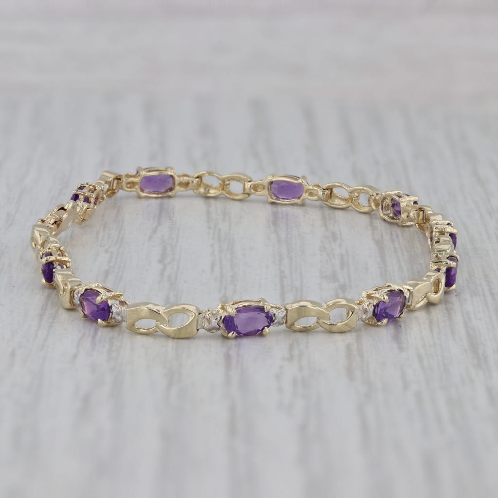 Gray 2ctw Amethyst Bracelet 10k Yellow Gold Diamond Accents 7" 3.5mm