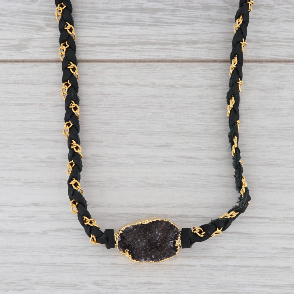 New Nina Wynn Necklace Cordelia Amethyst Druzy Pendant Black Leather NWT