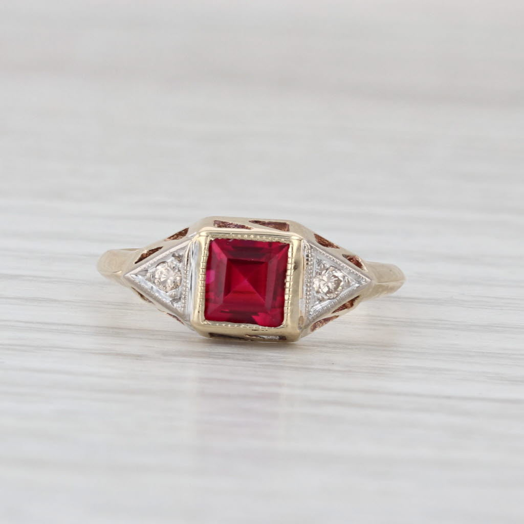 Vintage 0.85ctw Lab Created Ruby Diamond Ring 10k Yellow Gold Size 5.75
