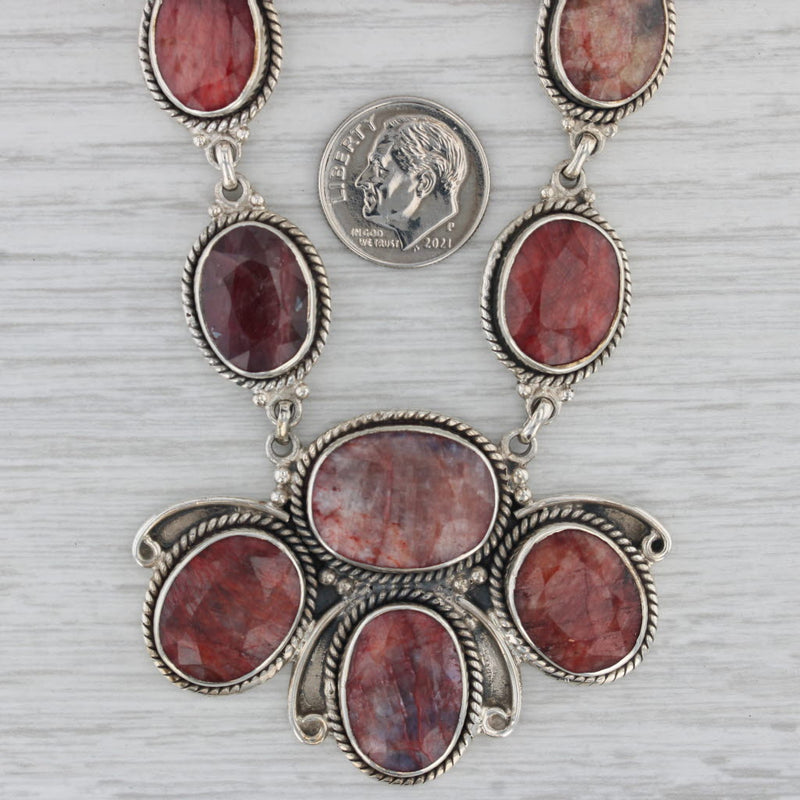 Red Stone Corundum Bib Statement Necklace Sterling Silver 18.5" Southwestern