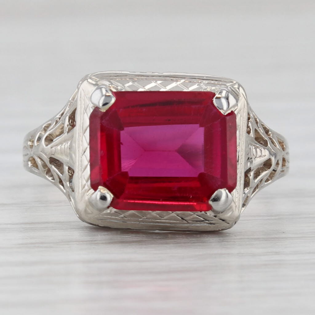 Light Gray Vintage 3.45ct Lab Created Ruby Solitaire Ring 14k White Gold Size 8