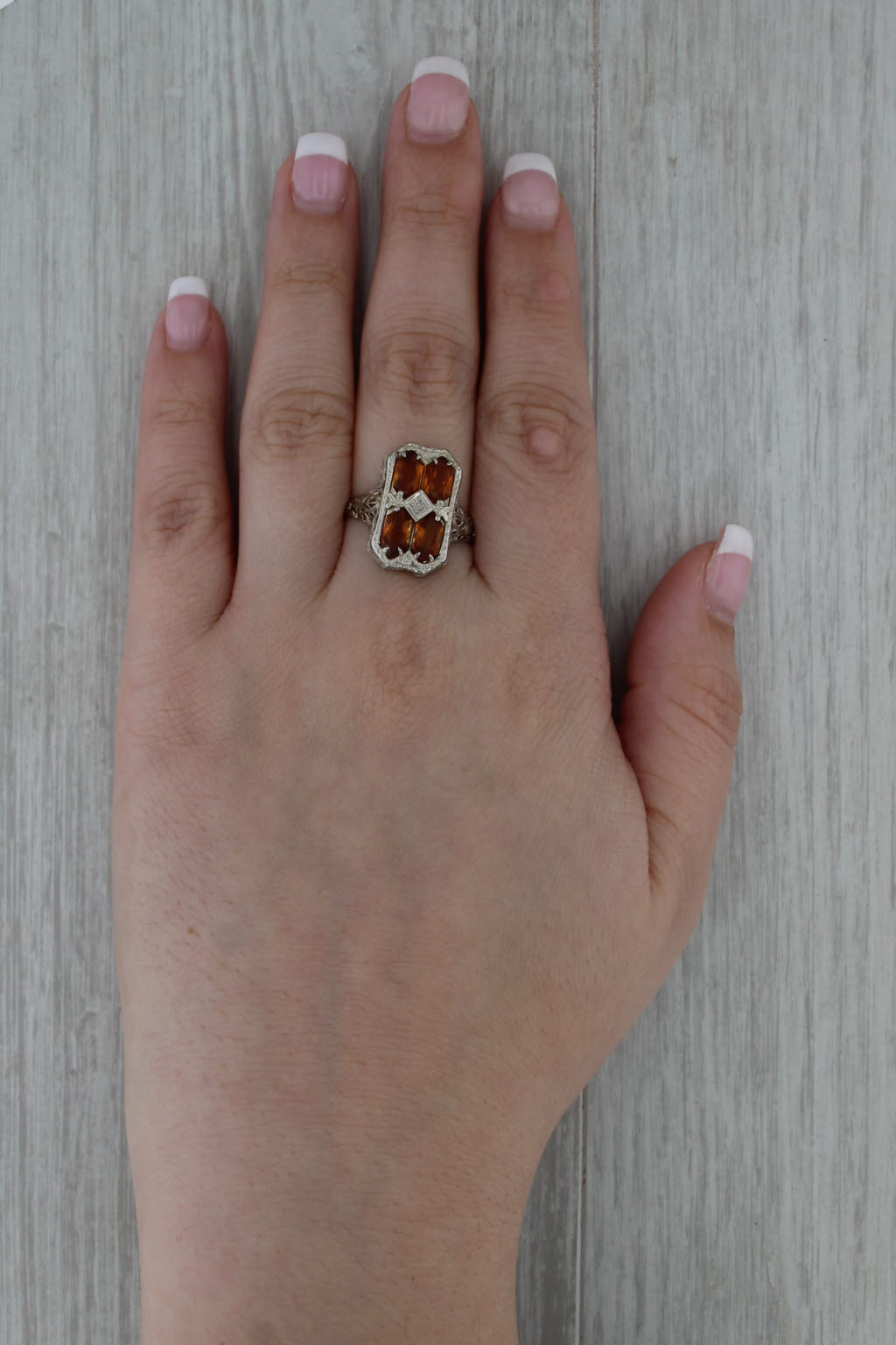 Vintage Art Deco 2.30ctw Citrine Diamond Filigree Ring 14k White Gold Size 10