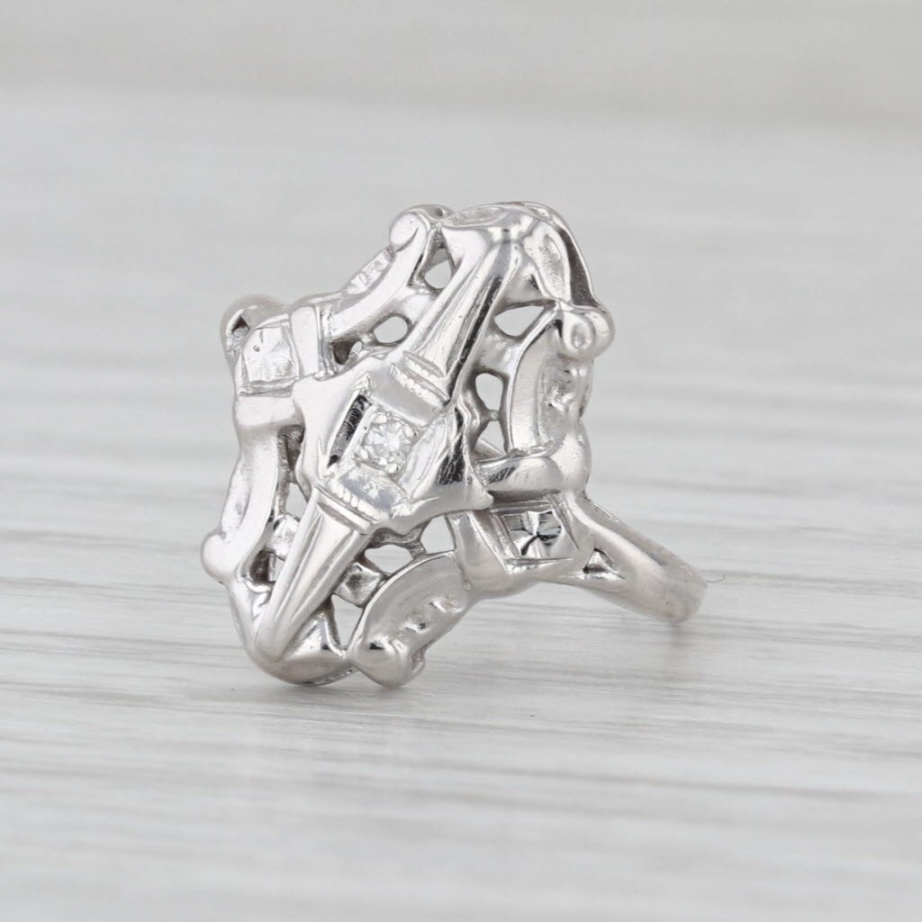 Vintage Diamond Solitaire Ring 14k White Gold Small Size 3