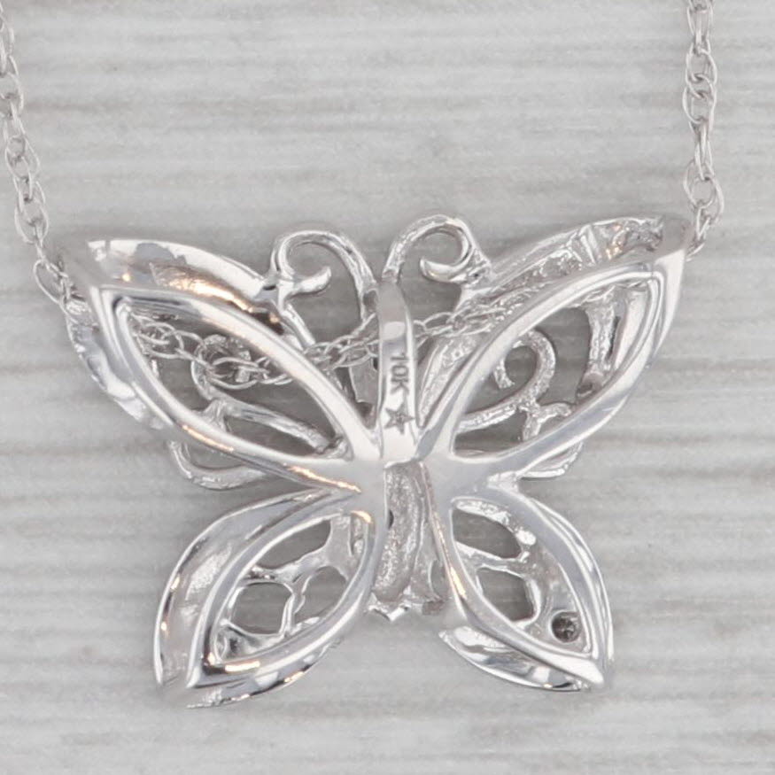 Gray Diamond Accented Butterfly Pendant Necklace 10k White Gold 18" Rope Chain