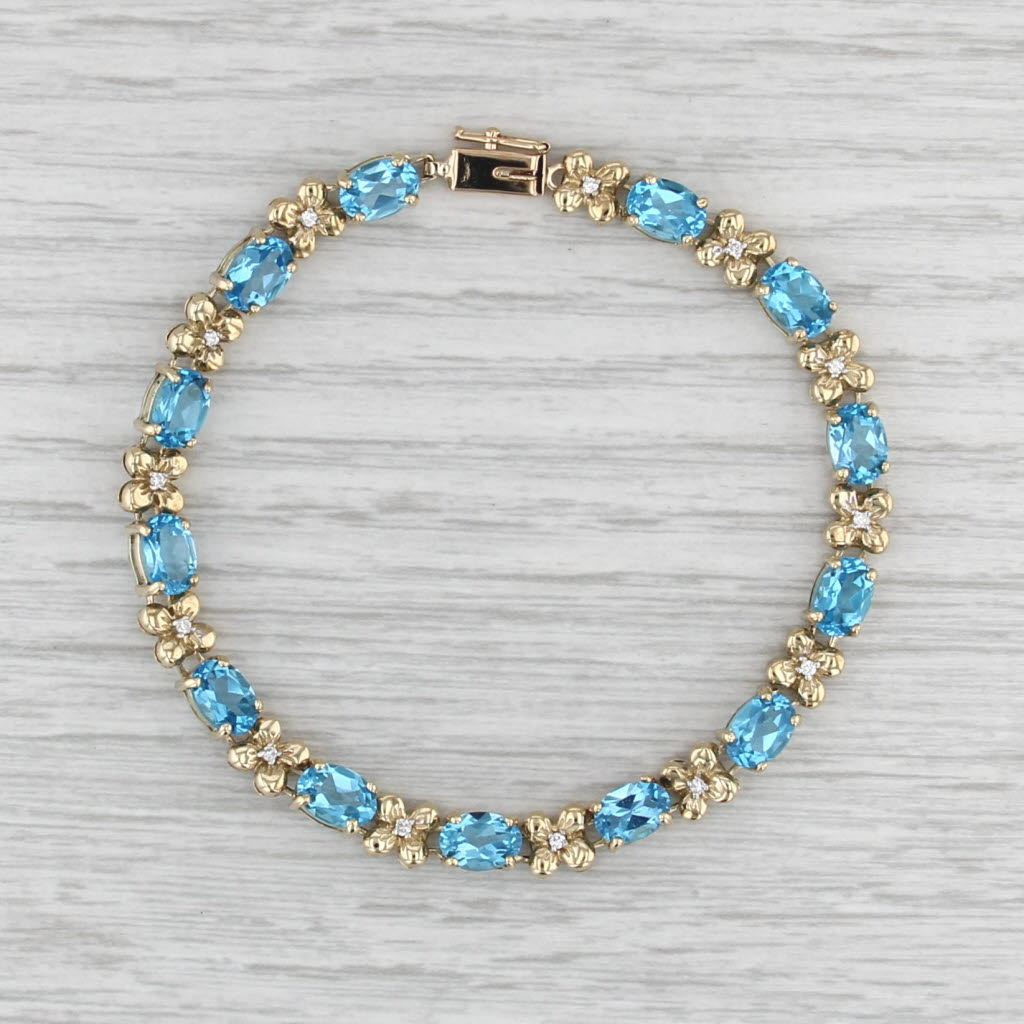 11.82ctw Blue Topaz Diamond Tennis Bracelet 14k Yellow Gold 7.25" 5.7mm Floral