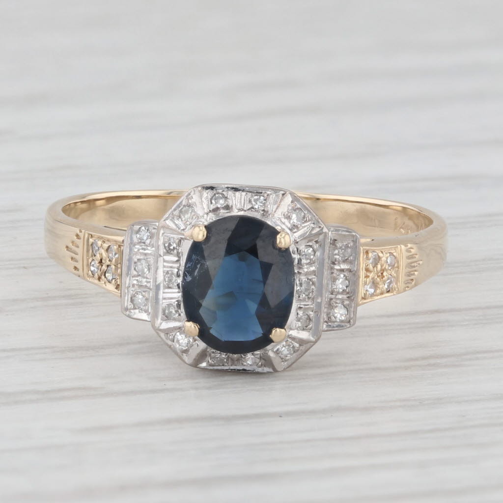 Light Gray Vintage 1.1ctw Blue Sapphire Diamond Halo 14k Yellow Ring 14k Gold Engagement