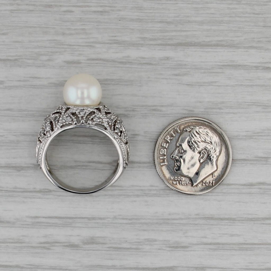 Cultured Pearl 0.27ctw Diamond Filigree Ring 14k White Gold Size 5.25
