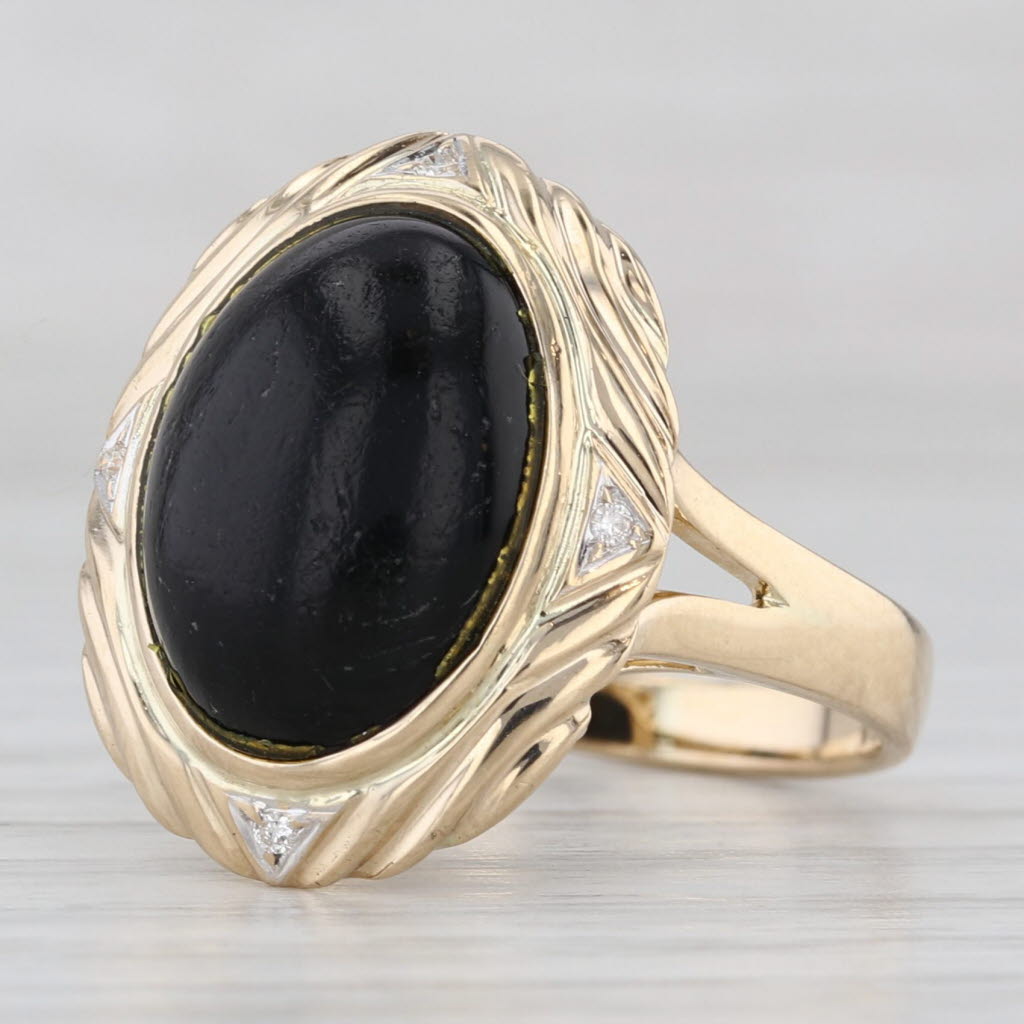 Light Gray Devitrified Glass Oval Cabochon Solitaire Ring 14k Yellow Gold Diamond Accents