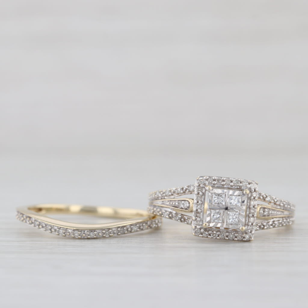 0.25ctw Diamond Halo Engagement Ring Wedding Band Bridal Set 10k Gold Size 7