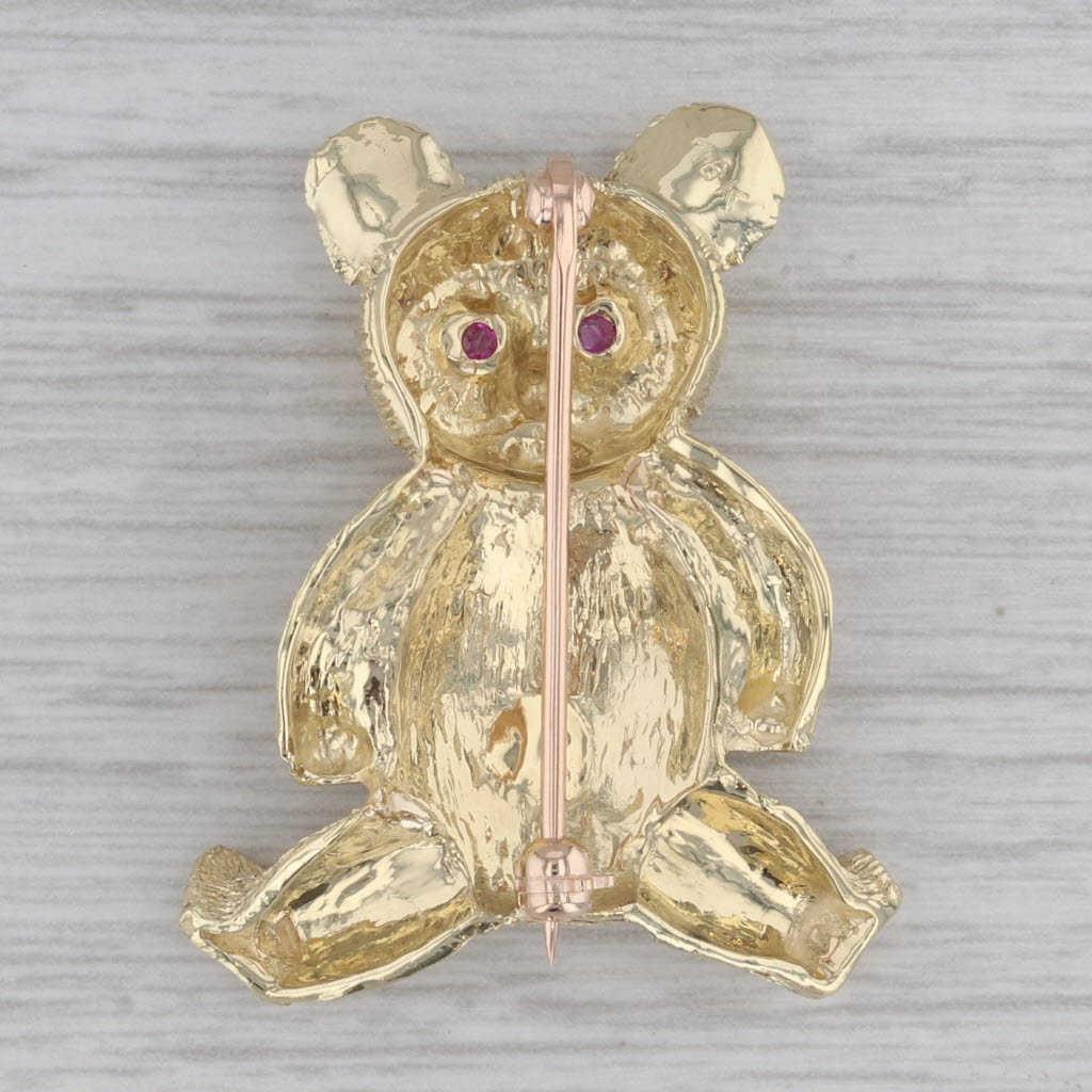 Gray Ruby Eyed Teddy Bear Brooch 18k Yellow Gold Pin