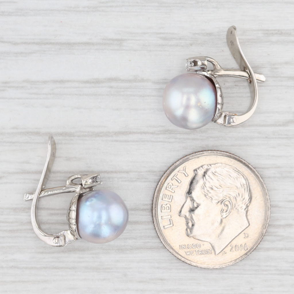 Light Gray Gray Cultured Pearl Diamond Drop Earrings 10k White Gold Snap Top Posts