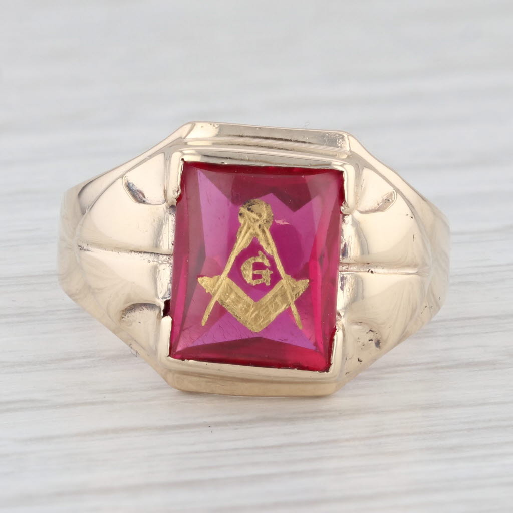 Light Gray Masonic Signet Ring Lab Created Ruby 10k Gold Size 8.5 Blue Lodge Square Compass