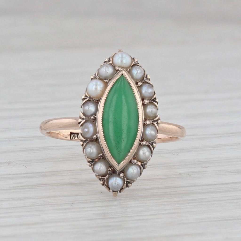 Gray Vintage Green Jadeite Jade Pearl Halo Ring 10k Yellow Gold Size 6