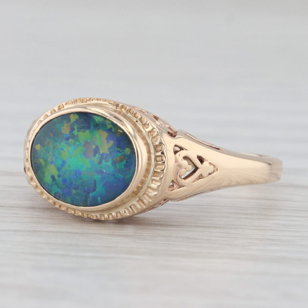 Light Gray Vintage Church & Co Colorful Opal Triplet Solitaire Ring 14k Yellow Gold Size 8