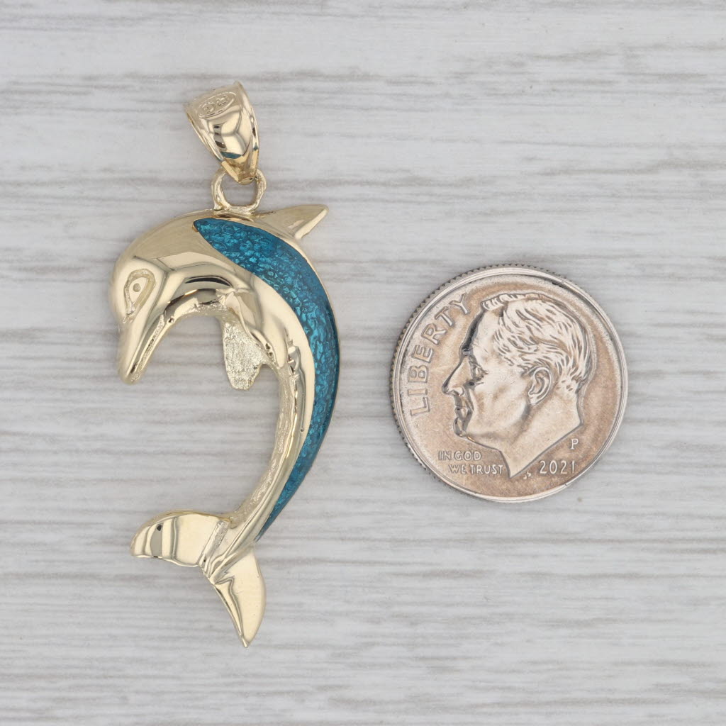 Gray Dolphin Pendant 14k Yellow Gold Turquoise Resin Nautical Jewelry