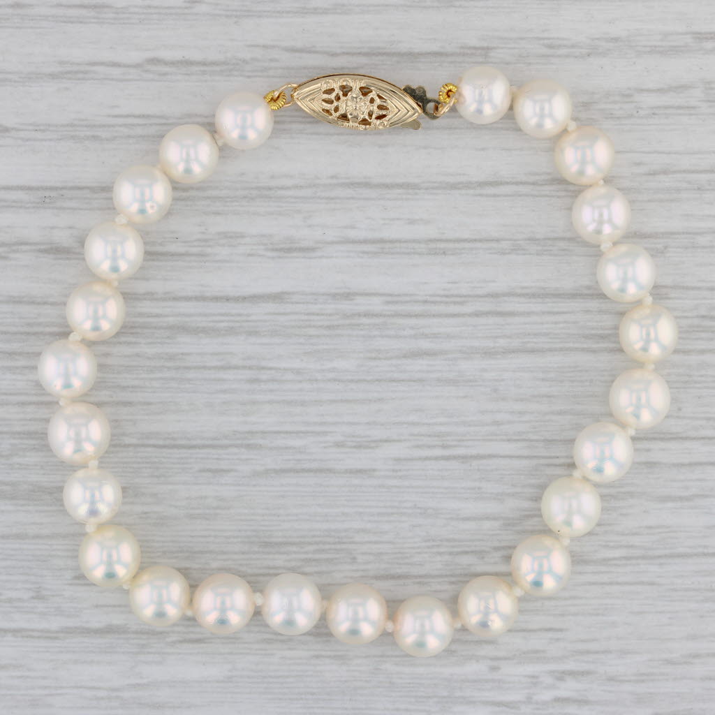 Gray Cultured Pearl Bead Strand Bracelet 14k Gold Floral Clasp 7"