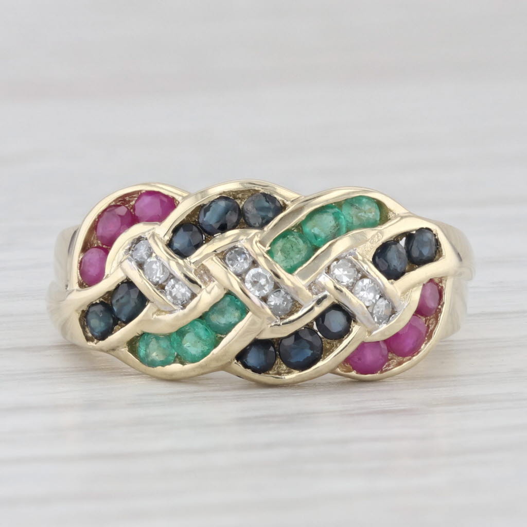 Light Gray 1.37ctw Woven Gemstone Ring 14k Gold Diamond Emerald Sapphire Lab Created Ruby