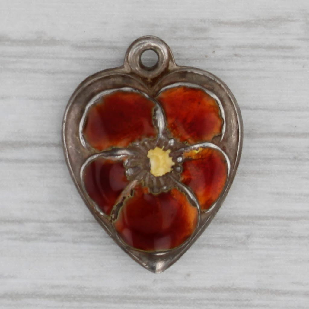 Gray Vintage Ornate Floral Puffy Heart Charm Sterling Silver Enamel Pendant