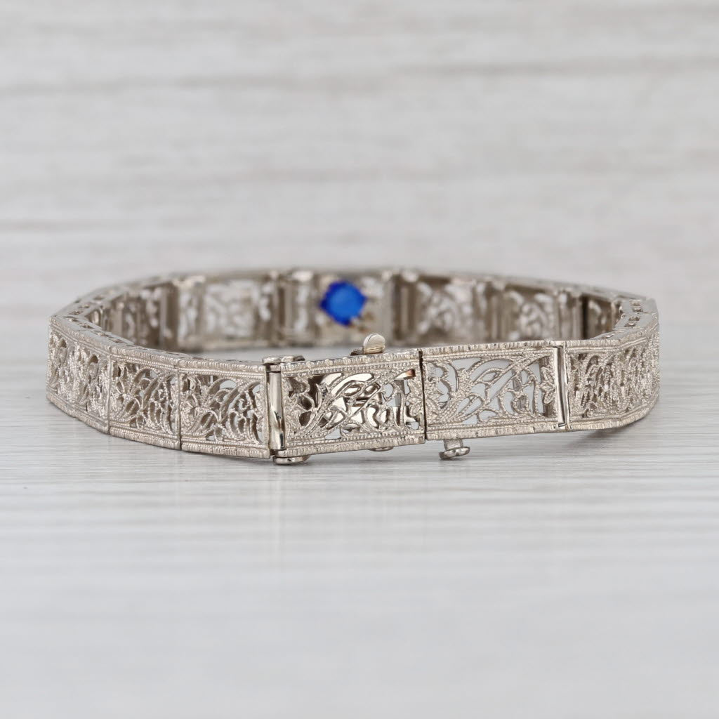 Vintage Diamond Filigree Bracelet 14k White Gold 7" 6.6mm Blue Glass