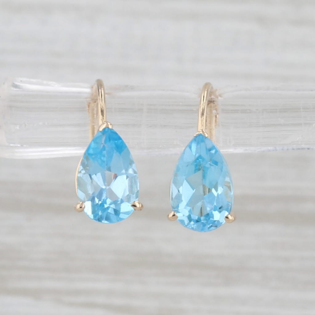 2ctw Blue Topaz Drop Earrings 14k Yellow Gold Leverbacks Pear Solitaires